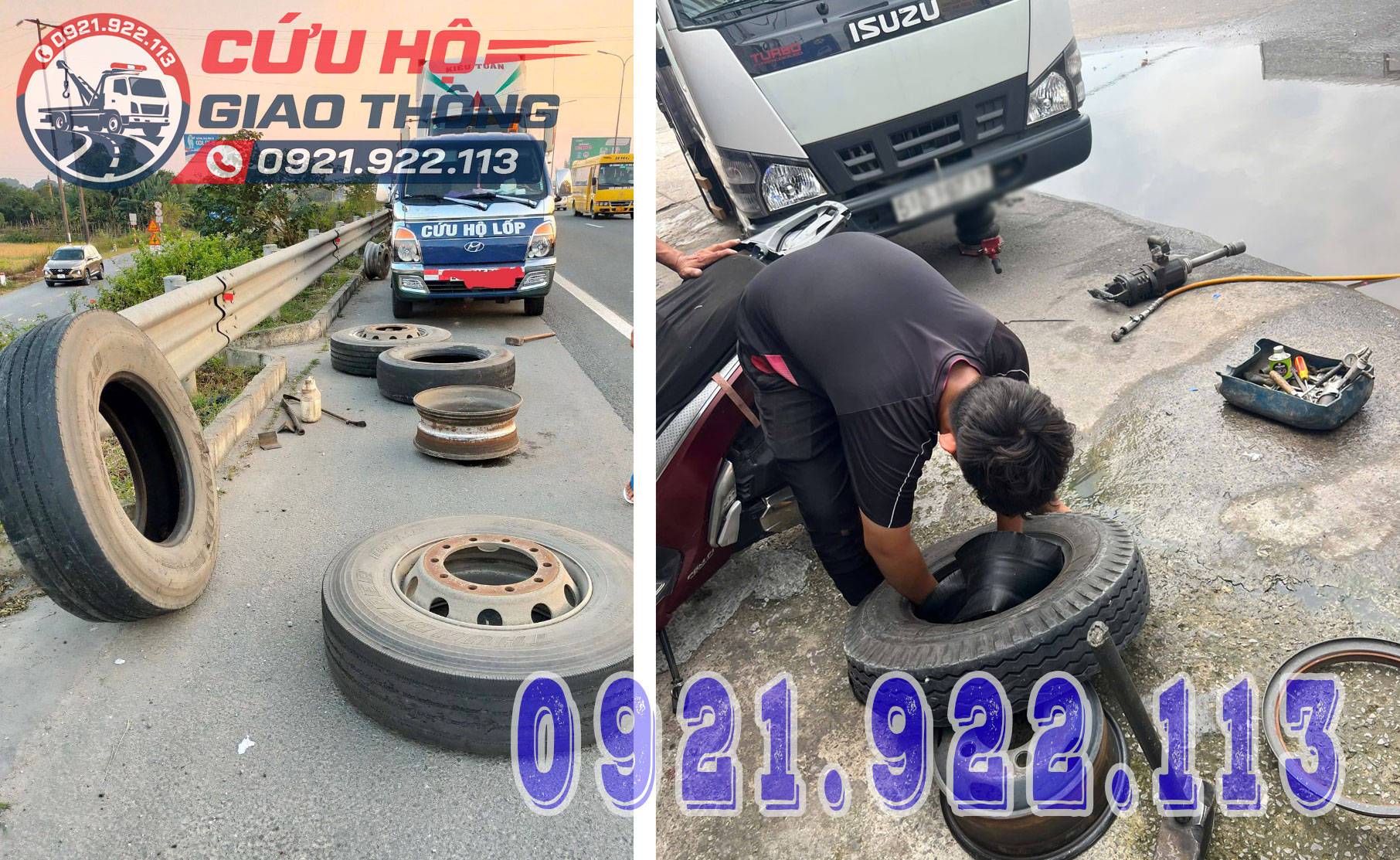 Vá lốp lưu động trên cao tốc Hòa Liên - Túy Loan