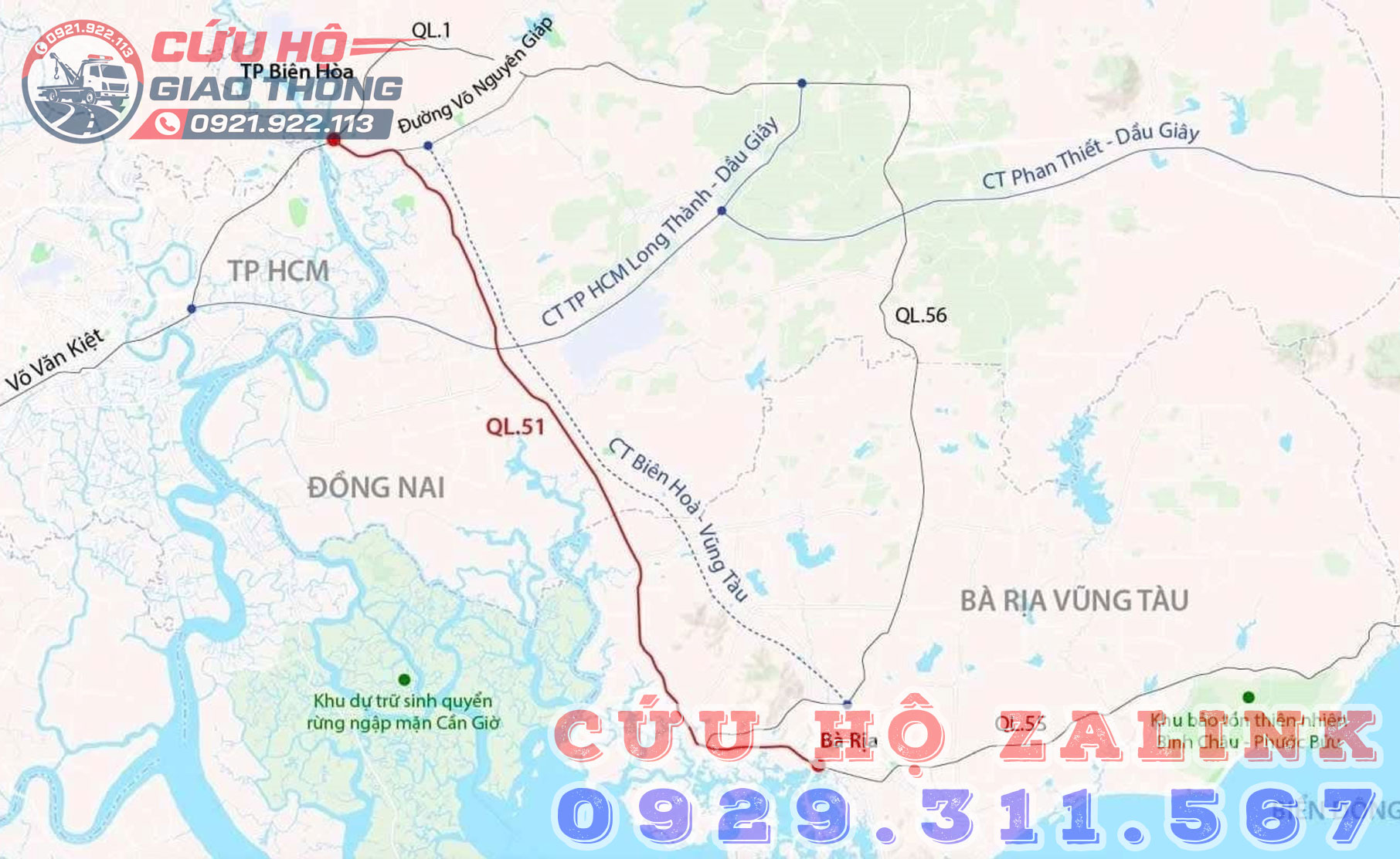Bản đồ cứu hộ quốc lộ 51 với hệ thống trạm trực tiếp nhận xử lý sự cố